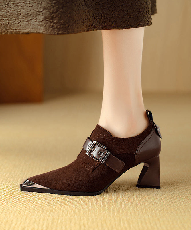 Elegant Splicing Chunky High Heels Brown Suede Pointed Toe RX010