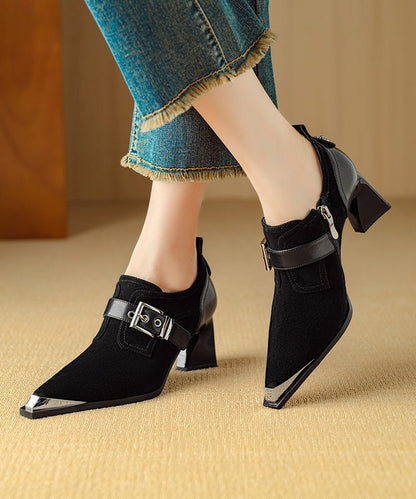 Elegant Splicing Chunky High Heels Brown Suede Pointed Toe RX010