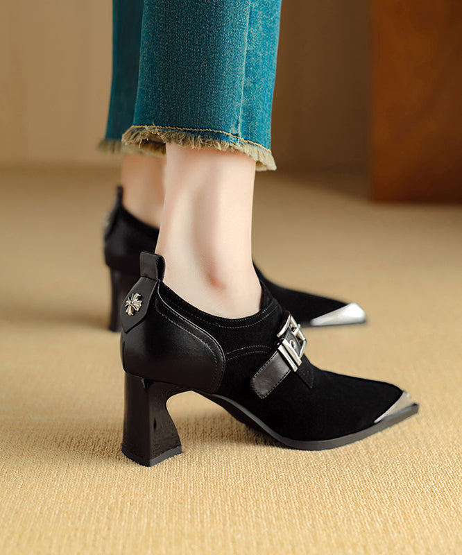 Elegant Splicing Chunky High Heels Brown Suede Pointed Toe RX010