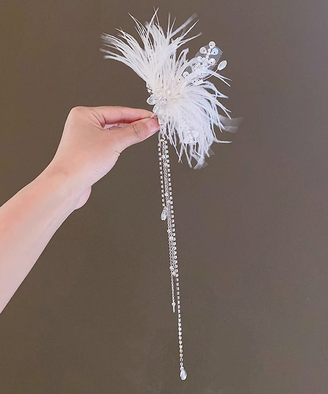 Elegant White Alloy Feather Pearl Sequins Tassel Girls Hairpin YG027