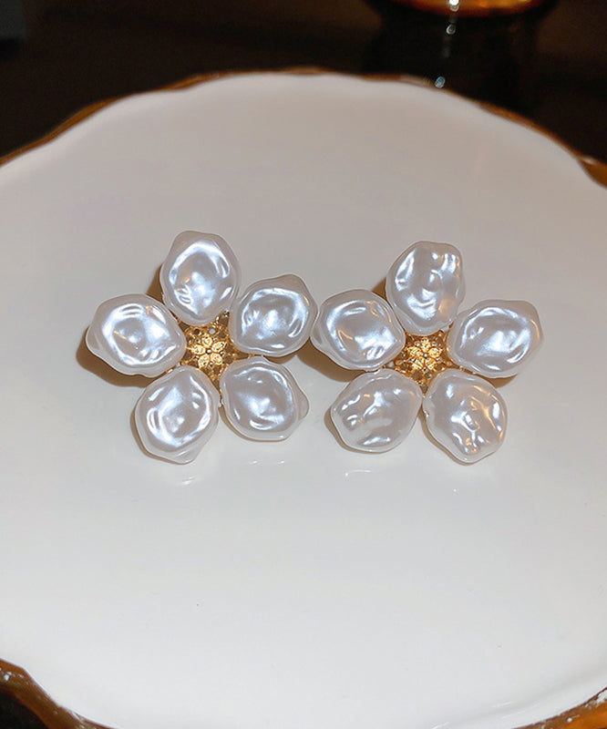 Elegant Earrings Floral White Wrinkled Stud Pearl Alloy
