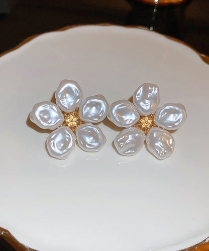 Elegant Earrings Floral White Wrinkled Stud Pearl Alloy