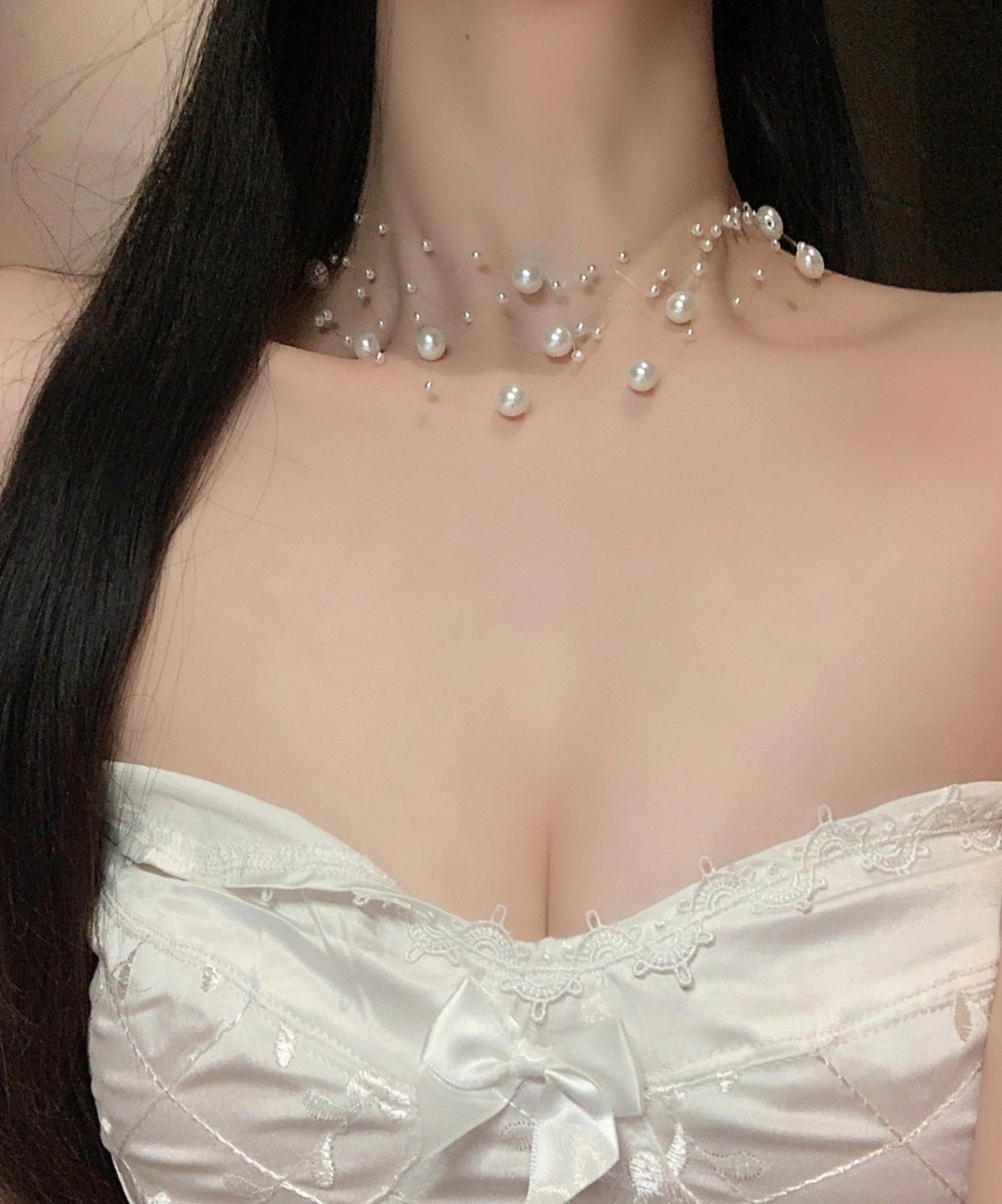 Elegant White Alloy Multi Layer Pearl Starry Sky Princess Necklace YA025