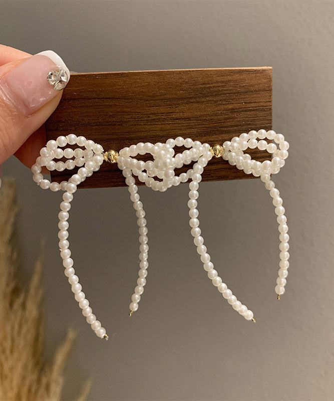 Elegant White Alloy Pearl Butterfly Tassel Drop Earrings YA027