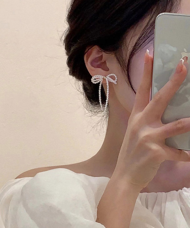 Elegant White Alloy Pearl Butterfly Tassel Drop Earrings YA027