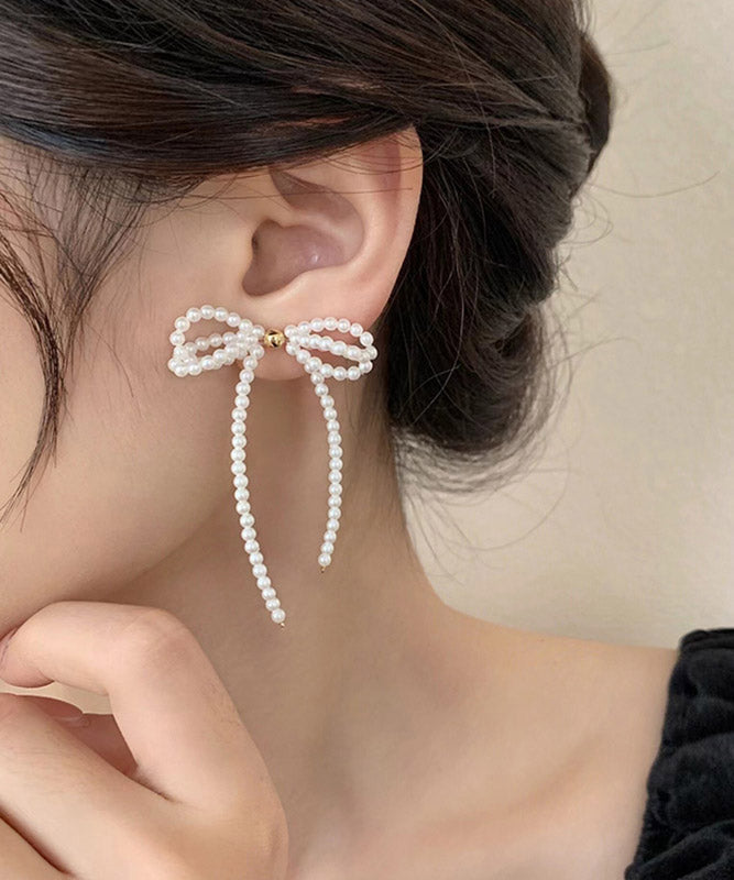 Elegant White Alloy Pearl Butterfly Tassel Drop Earrings YA027