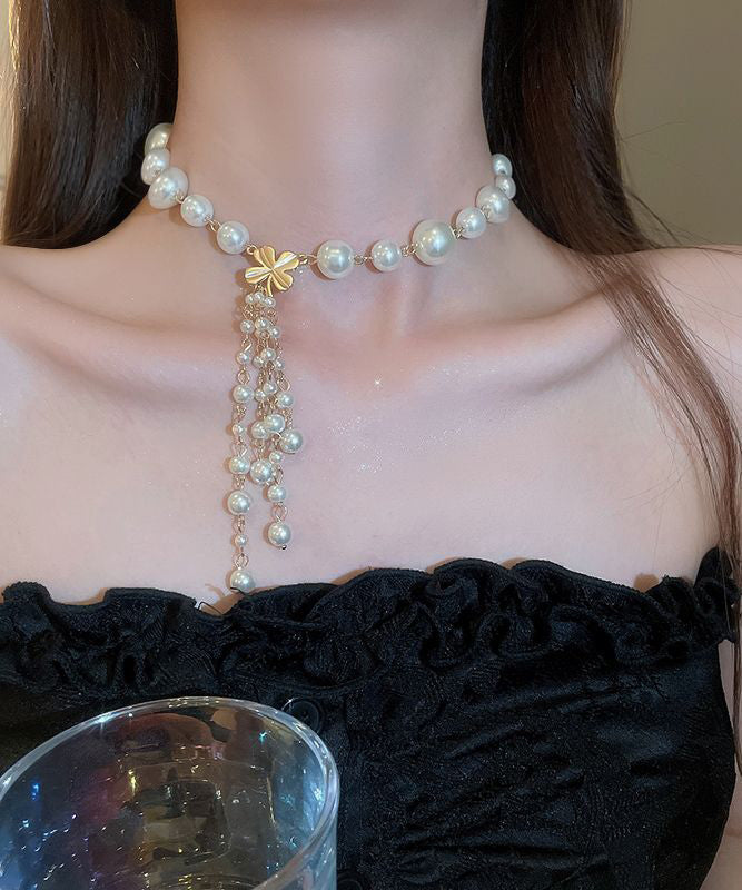 Tassel White Elegant Pendant Necklace Alloy Pearl Floral