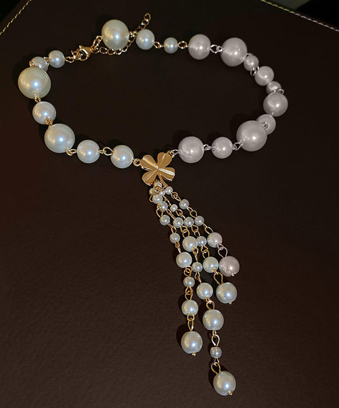 Tassel White Elegant Pendant Necklace Alloy Pearl Floral