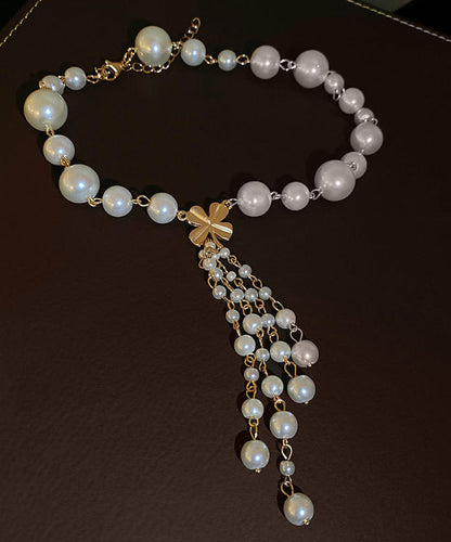 Tassel White Elegant Pendant Necklace Alloy Pearl Floral