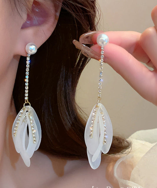 Elegant White Alloy Zircon Pearl Petal Tassel Drop Earrings QQ005