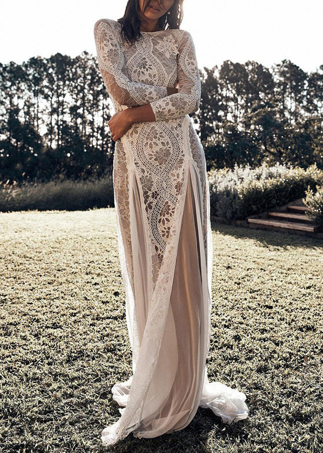 Lace White Dresses Spring Backless Elegant Maxi Out Hollow