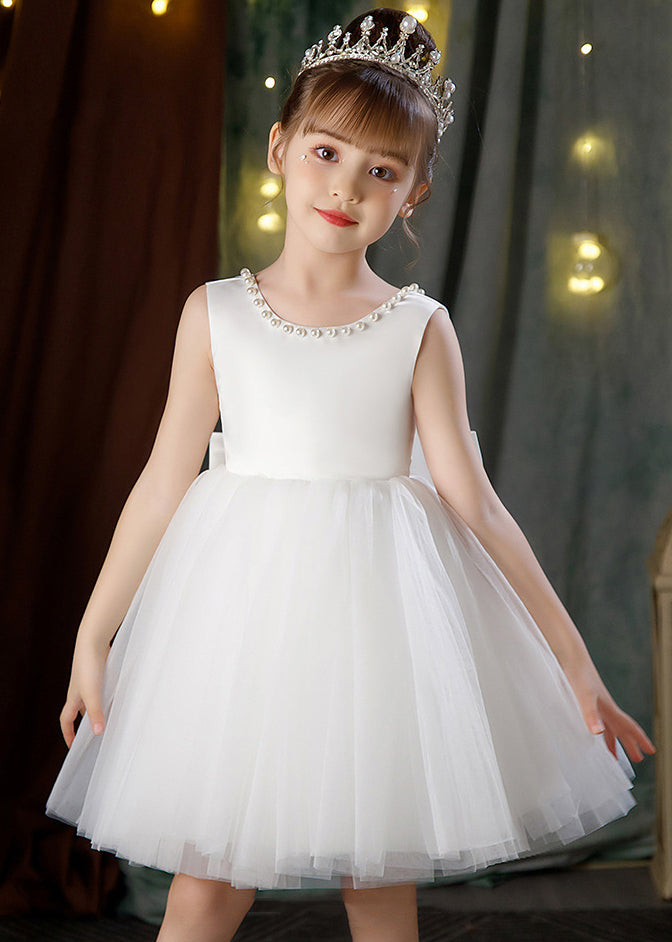 Elegant White Backless Pearl Tulle Girls Princess Dress Sleeveless TT028