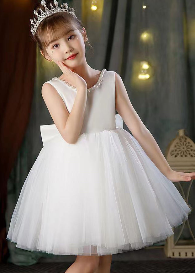 Elegant White Backless Pearl Tulle Girls Princess Dress Sleeveless TT028