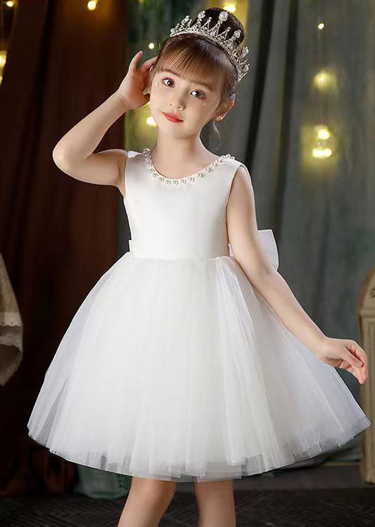 Elegant White Backless Pearl Tulle Girls Princess Dress Sleeveless TT028