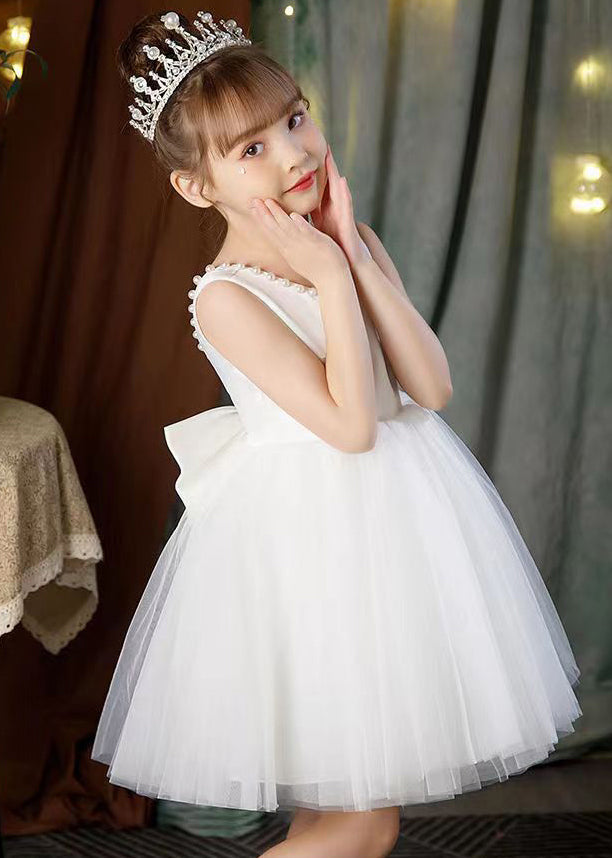 Elegant White Backless Pearl Tulle Girls Princess Dress Sleeveless TT028