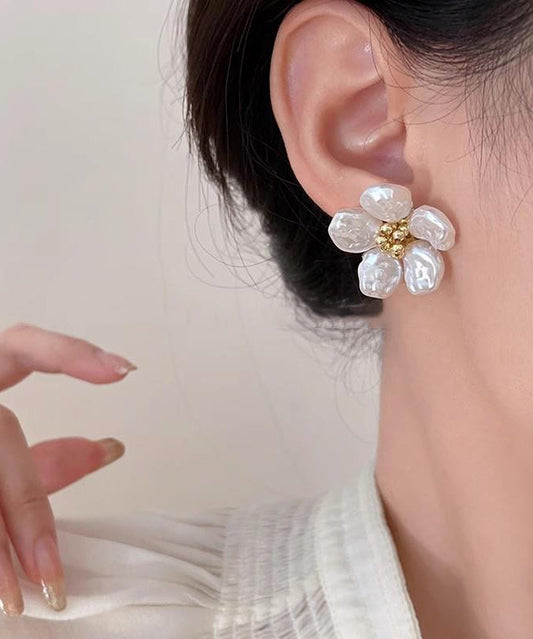 Pearl Earrings White Alloy Floral Copper Stud Elegant