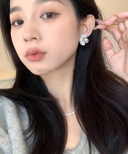 Pearl Earrings White Alloy Floral Copper Stud Elegant
