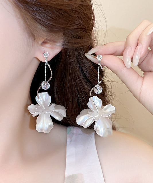 White Alloy Floral Resin Drop Earrings Copper Elegant