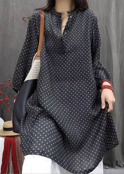 Shirts Fall Pockets Elegant Cotton Dress White Button Dot