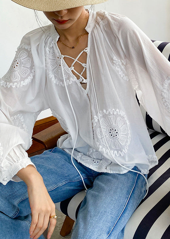 Up Elegant White Out Lace Cotton Embroidered Hollow Blouses