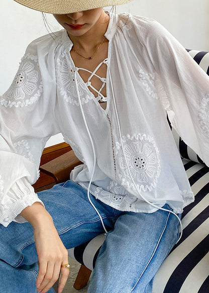 Up Elegant White Out Lace Cotton Embroidered Hollow Blouses