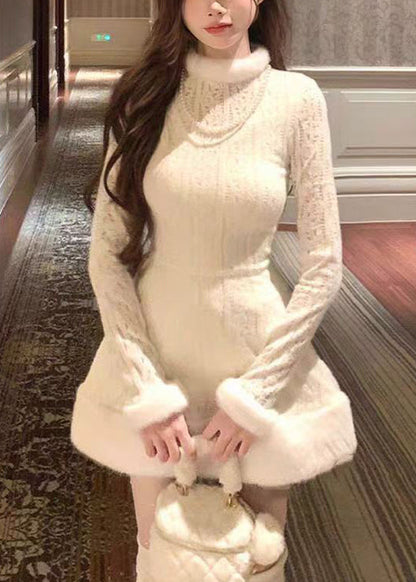 Elegant White Fur Collar Coat And Dress Fluffy Two Pieces Set Flare Sleeve YW004