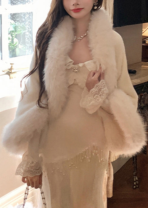 Elegant White Fur Collar Coat And Dress Fluffy Two Pieces Set Flare Sleeve YW004