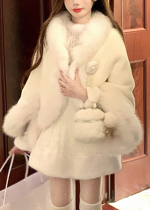 Elegant White Fur Collar Coat And Dress Fluffy Two Pieces Set Flare Sleeve YW004