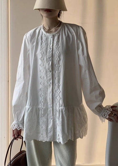Cotton Button Lace Shirt White Elegant Fall