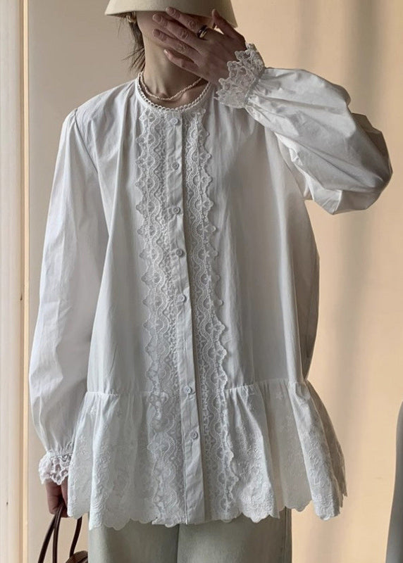 Cotton Button Lace Shirt White Elegant Fall