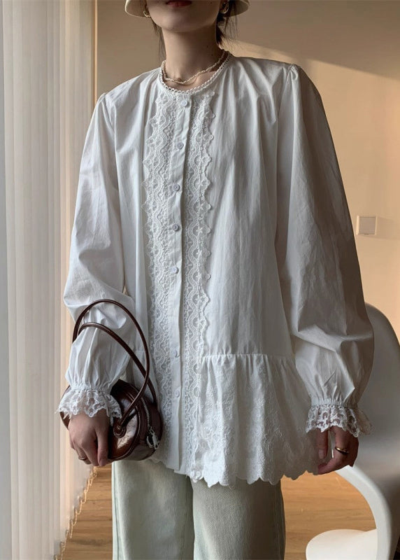 Cotton Button Lace Shirt White Elegant Fall