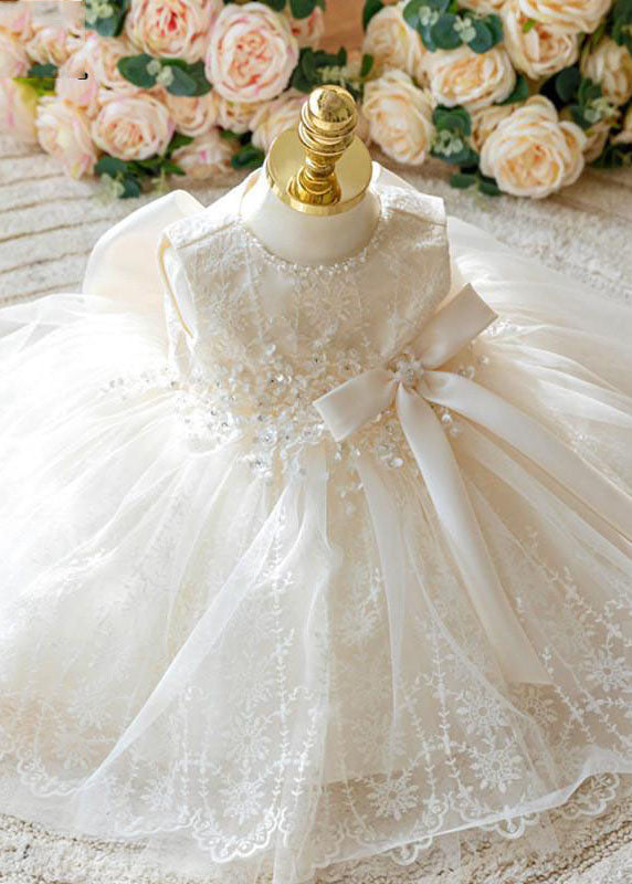 Elegant White Nail Bead Embroideried Tulle Girls Long Dress Sleeveless YS016