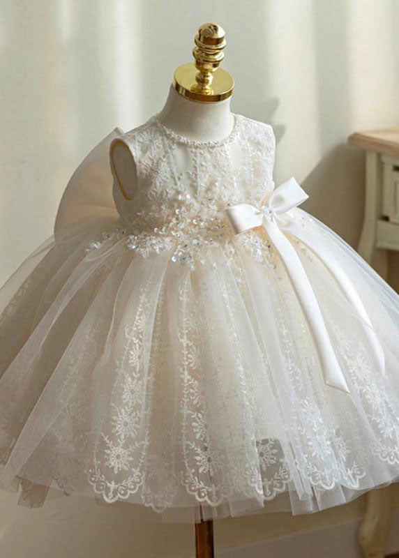 Elegant White Nail Bead Embroideried Tulle Girls Long Dress Sleeveless YS016