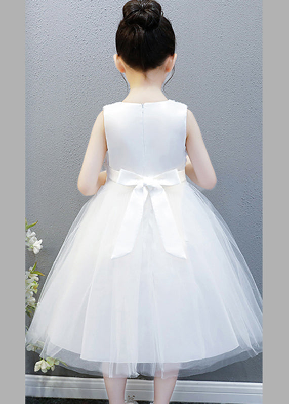 Elegant White O-Neck Floral Bow Tulle Kids Long Gowns Dress Sleeveless XZ048