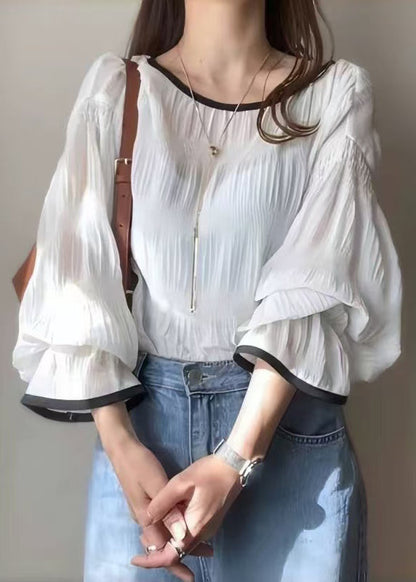 Elegant Oversized Tops Lantern Shirt White Sleeve Chiffon