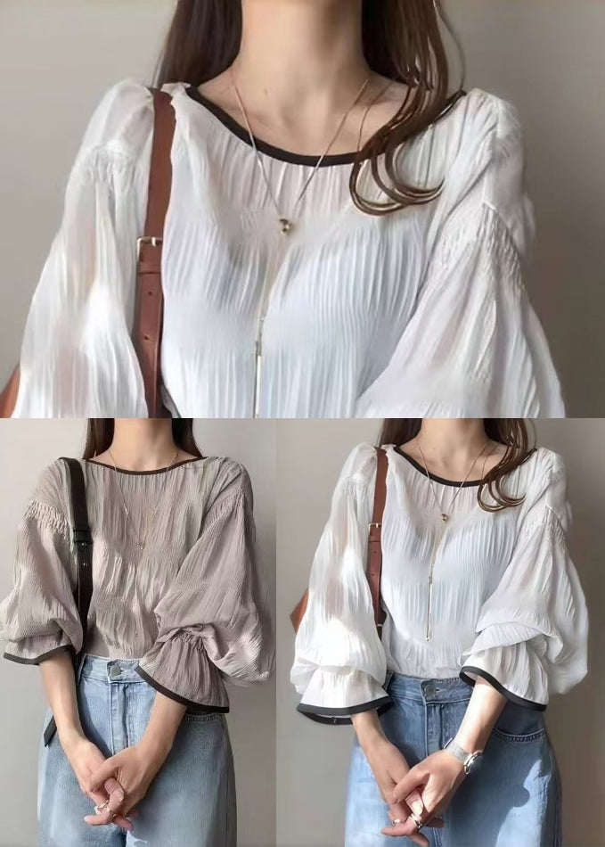 Elegant Oversized Tops Lantern Shirt White Sleeve Chiffon