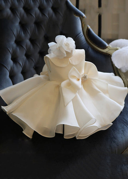 Elegant White Peter Pan Collar Bow Tulle Kids Long Dress Summer YS019