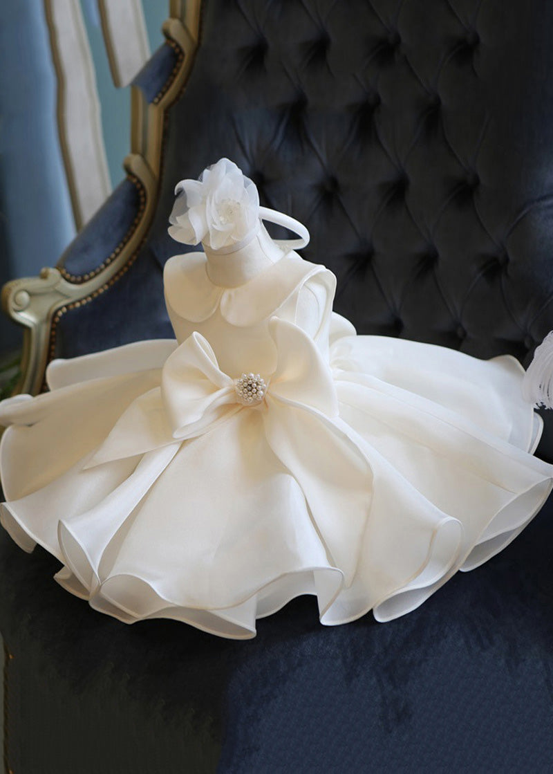 Elegant White Peter Pan Collar Bow Tulle Kids Long Dress Summer YS019