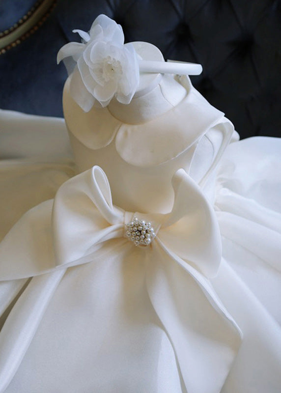 Elegant White Peter Pan Collar Bow Tulle Kids Long Dress Summer YS019