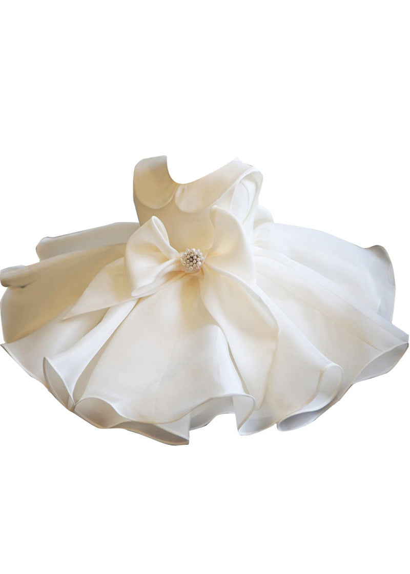 Elegant White Peter Pan Collar Bow Tulle Kids Long Dress Summer YS019