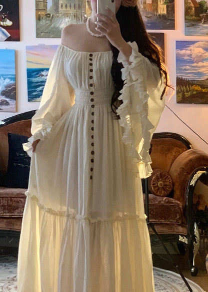 Maxi Sleeve White Elegant High Waist Cotton Dress Ruffled Flare