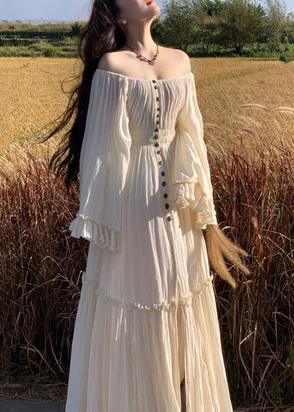 Maxi Sleeve White Elegant High Waist Cotton Dress Ruffled Flare