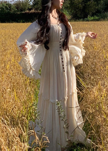 Maxi Sleeve White Elegant High Waist Cotton Dress Ruffled Flare