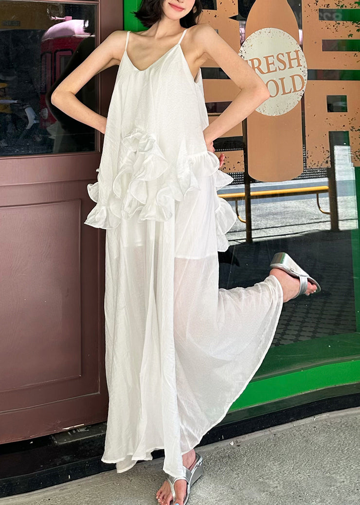 Spaghetti Cotton White Elegant Ruffled Strap Dress Patchwork