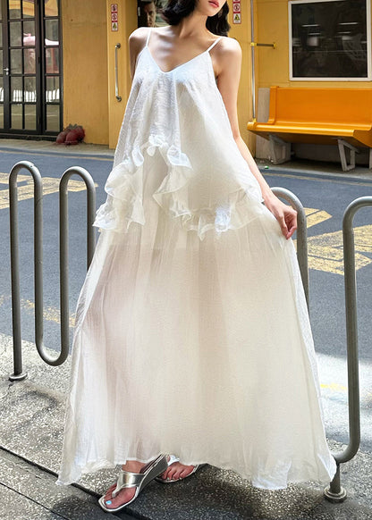 Spaghetti Cotton White Elegant Ruffled Strap Dress Patchwork