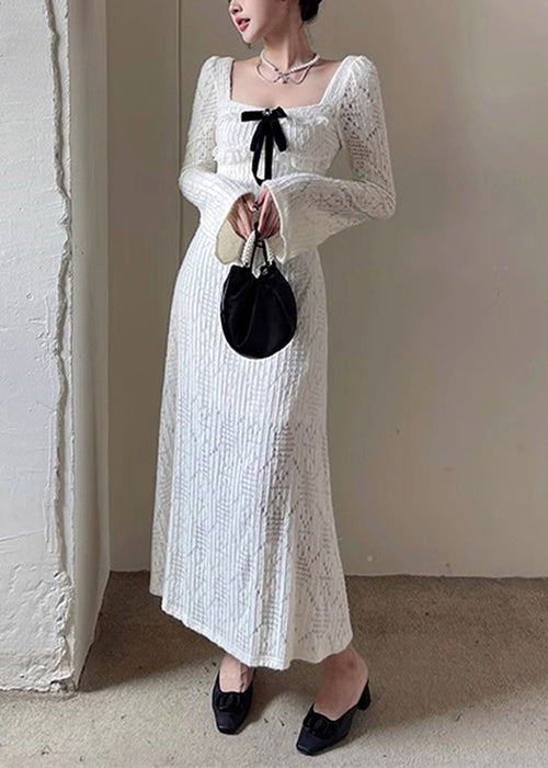Elegant White Square Collar Hollow Out Cotton Long Dresses Spring YT037