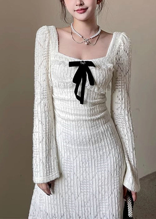 Elegant White Square Collar Hollow Out Cotton Long Dresses Spring YT037