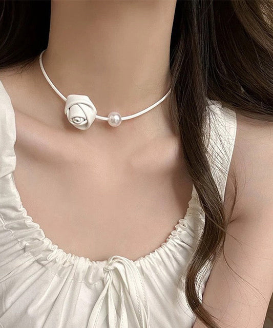 Elegant White Stainless Steel Pearl Rose Choker YA003