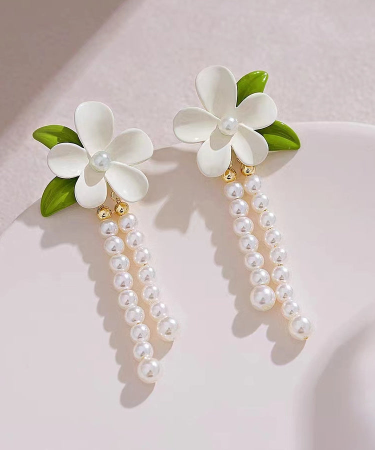 Silver Elegant Drop Floral White Pearl Tassel Alloy Sterling