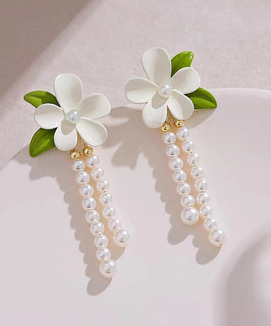 Silver Elegant Drop Floral White Pearl Tassel Alloy Sterling